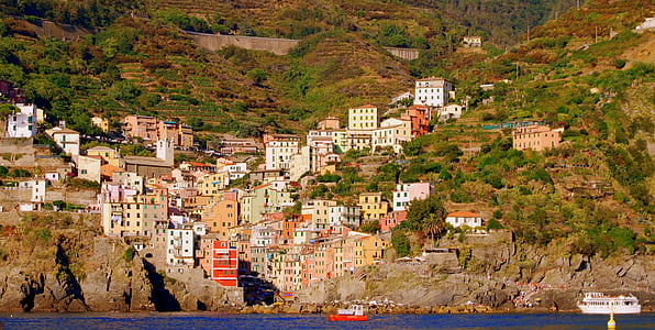 къщи, цветове, море, планински, Риомаджоре, Лигурия, Италия
