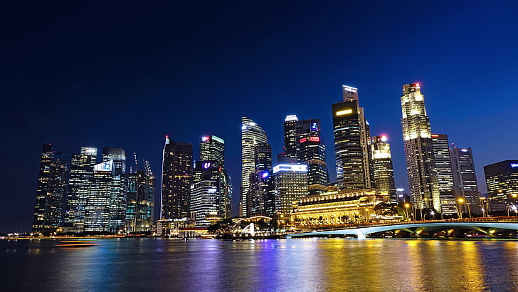 Singapore rivier, skyline, gebouw, water, financiële wijk, wolkenkrabber, het platform