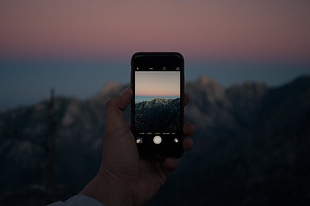 telefon, fotografi, fjell, gylden, time, hånd, bilde