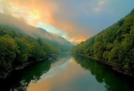 sunrise, reflection, water, calm, outdoors, fayette station, new river gorge