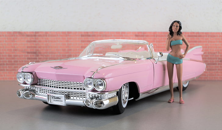model car, cadillac, cadillac eldorado, pink, auto, old, toy car