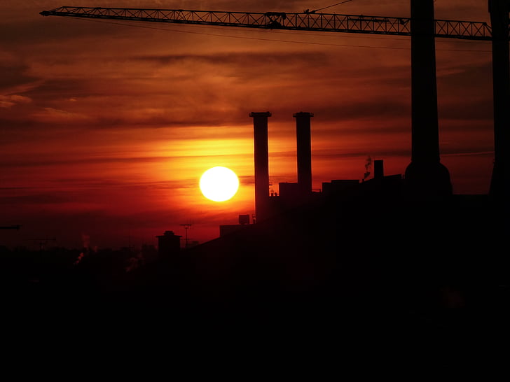 coucher de soleil, Afterglow, abendstimmung, industrie, Crane, site, cheminée