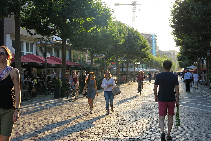pedestrian zone, shopping, city, summer, downtown, sunlight, stroll