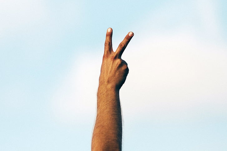 hand, fingers, peace, clouds, sky, blue, white