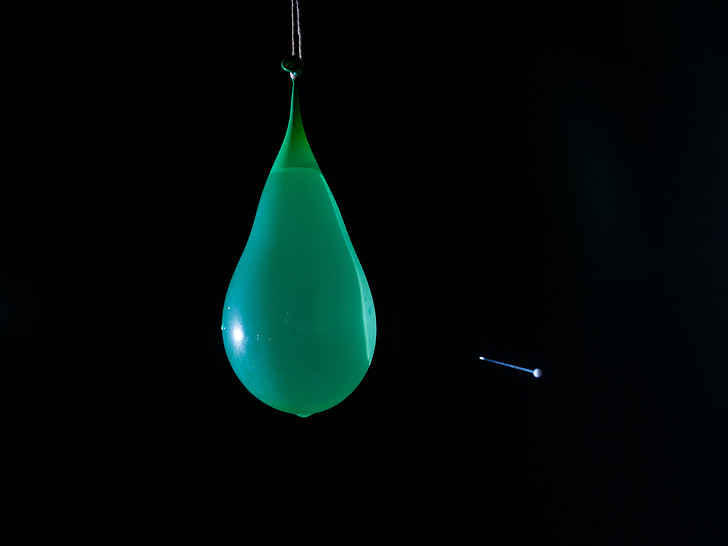 water balloon, water bomb, shot, too early, needle, green, water