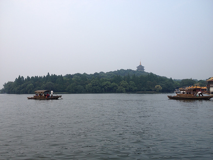 west lake, boat, pagoda, island, ship, woods, parking