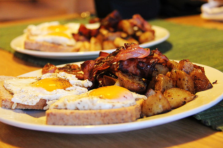 breakfast, cook, food, bread, bacon, eggs, potato