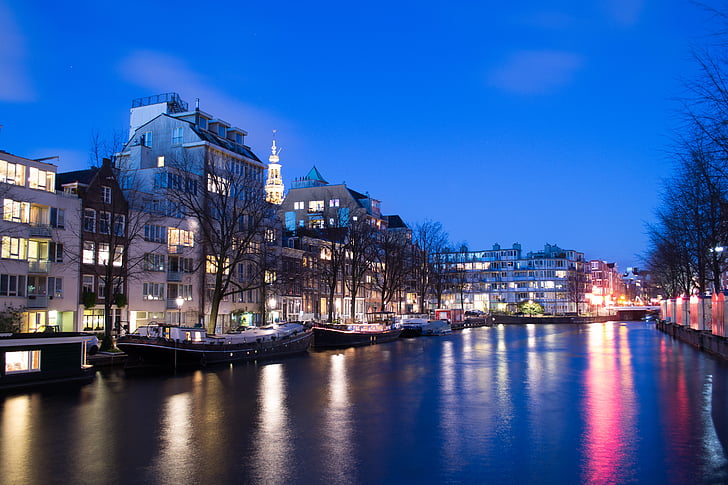 Amszterdam, csatorna, este, kék, éjszaka, építészet, Európa
