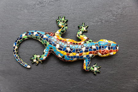 gecko, mosaic, lizard, spain, barcelona, slate, colorful