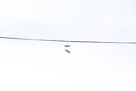 pair, sneakers, hanging, black, wire, white, sky
