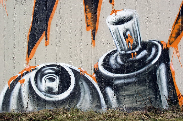 grafiti, dinding, seni jalanan, mural, sprayer, gaya, bentuk spray can