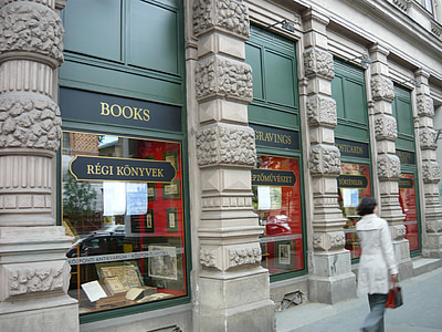 bookstore, antiquariat, woman, showcase, urban, antique, architecture