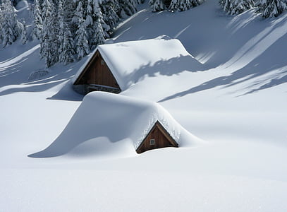 kaks, pruun, puidust, majad, kaetud, lumi, päev