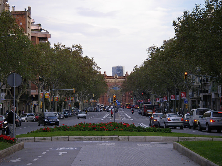 град, улица, Лас Рамблас, Барселона, градски, път, трафик