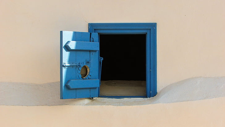 finestra, fusta, vell, blau, tradicional, arquitectura, Paralimni