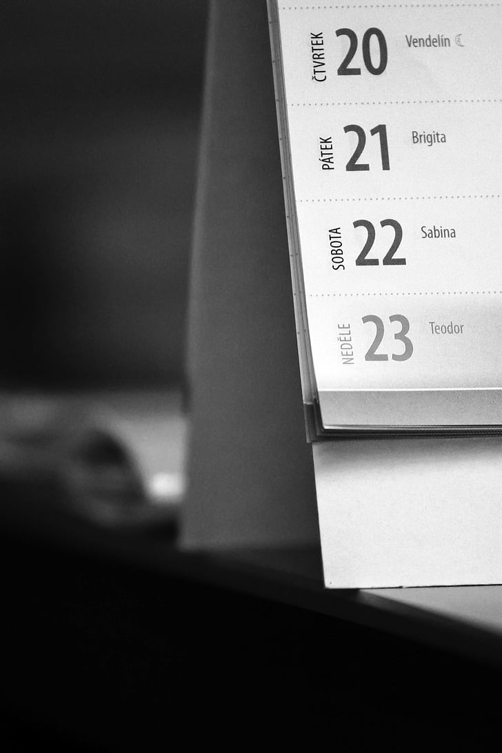 black-and-white, blur, calendar, data, date, desk, display