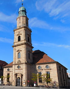 huguenot church, huguenot place, gain, church, steeple, middle franconia, bavaria