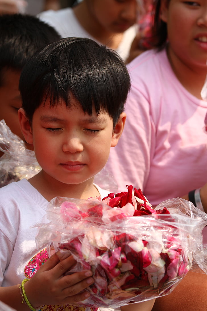 buddhists, rose petals, children, monks, tradition, ceremony, thailand