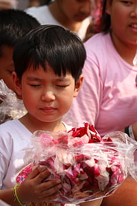 Budistai, rožių žiedlapių, vaikai, vienuoliai, tradicija, ceremonija, Tailandas