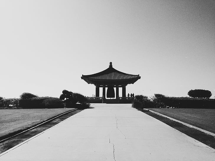 escala de grises, Foto, Pagoda de, plantas, Campana coreana de la amistad, Angels Gate Park, cultura