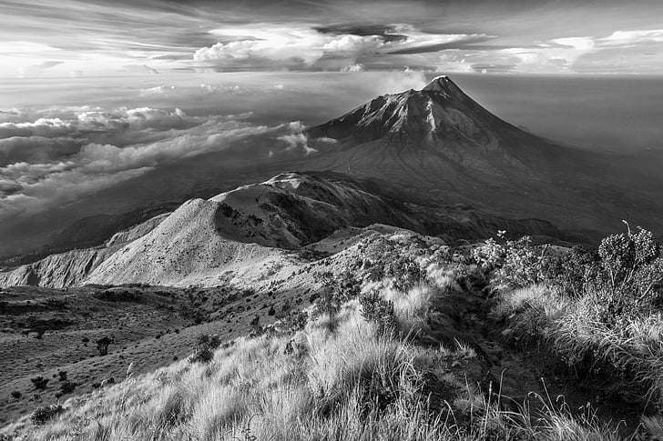 landscape, mountain, the volcano, indonesia, java island, merapi, merbabu black and white