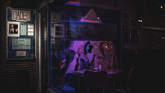 bar, quadro de avisos, negócios, cadeira, escuro, móveis, vidro