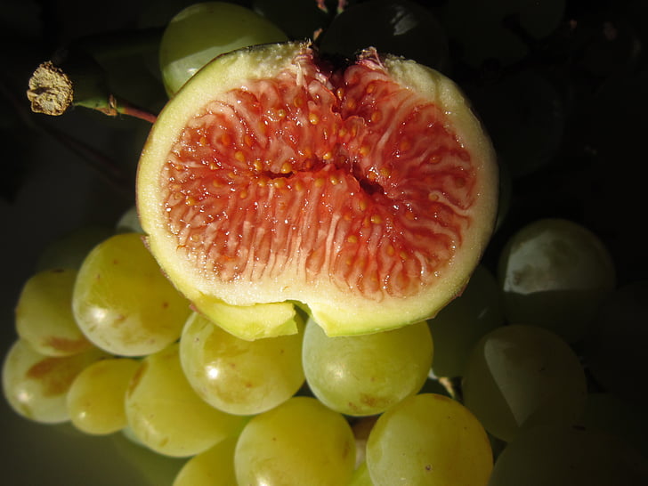 Fig., uvas, frutas, doce, fechar, ainda vida, cesta de frutas