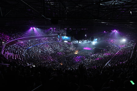 аудитория, концерт, тълпата, тъмно, светлини, производителност, стадион