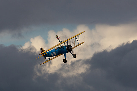 biplane, flying, propeller, oldtimer, heavy cloud