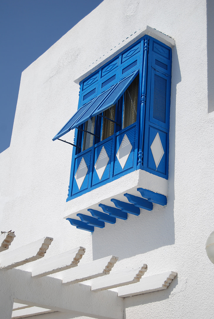 balcó, Tunísia, façana, edifici, casa, blau, blanc