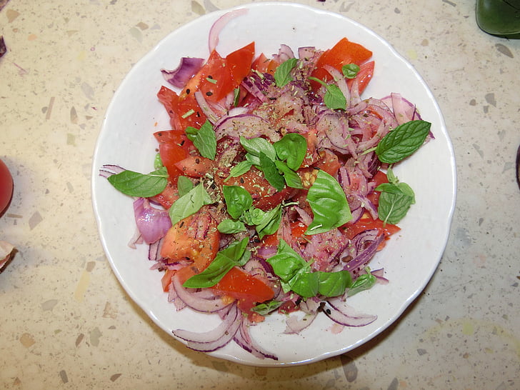 tomaatit, sipuli, veitsi, Basil, salaatti, terve, syödä