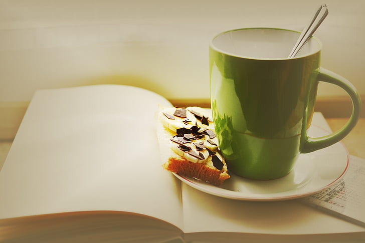 puodelis, knyga, pusryčiai, skaityti, planas, kavos puodelis, poilsis