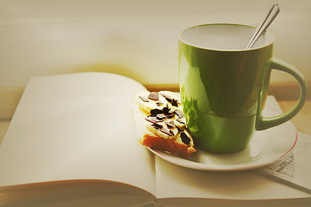 Cup, bok, frukost, Läs, plan, kaffekopp, avkoppling