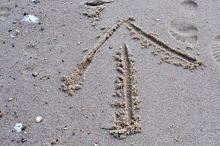 sand, beach, arrow, footprint, reprint, direction, summer holiday