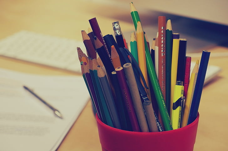 Diverse, farge, penner, rød, holderen, blyanter, stillestående