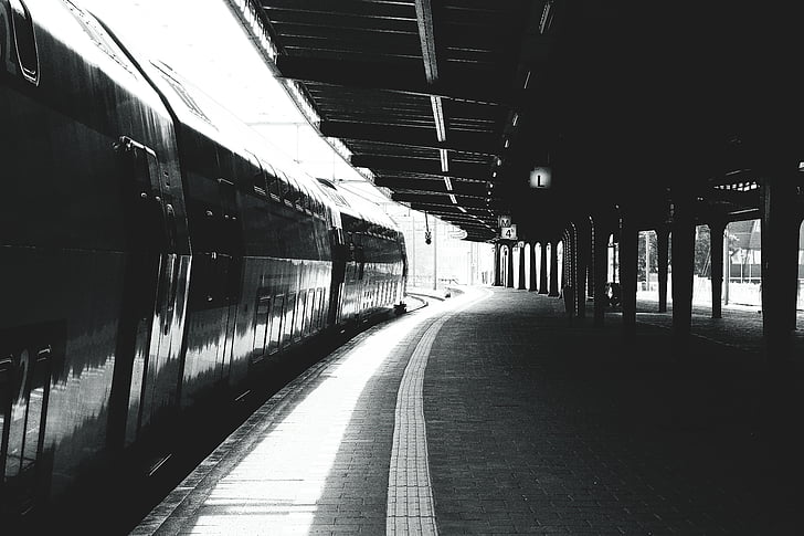black and white, train, train station, transportation, no people, indoors, day