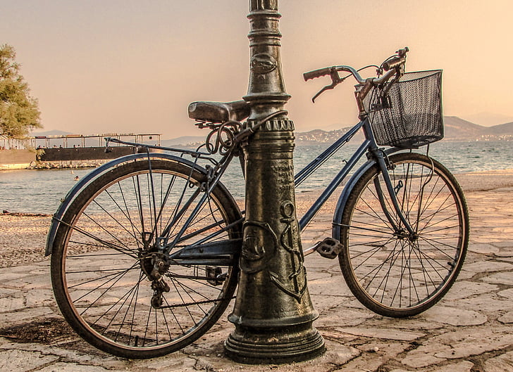 dviratis, alėja, polių, vasaros, laisvalaikio, Pajūris, Graikija