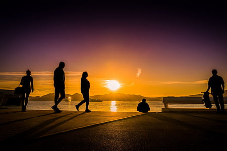 Sunset, Meremaal, vee, taevas, inimesed, mäed, Horizon