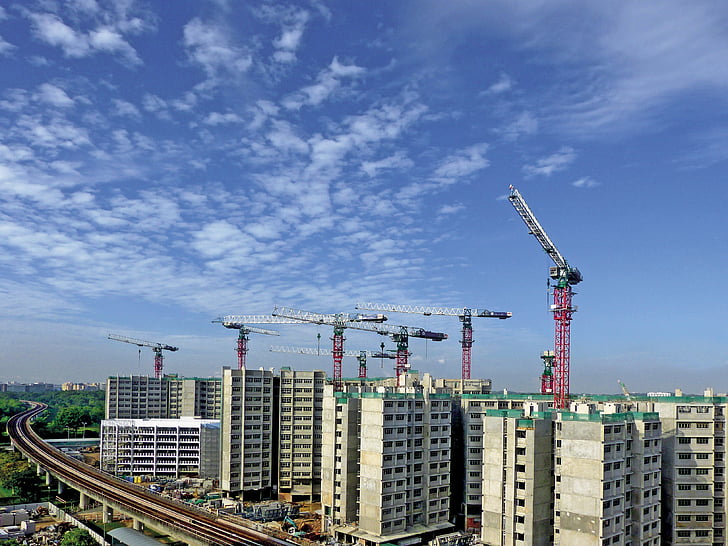 Crane, bangunan, langit, biru, Singapura, perumahan, industri konstruksi