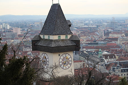 Graz, Steiermark, klocktornet, landmärke, Österrike, staden