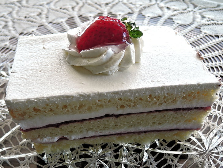 strawberry layer cake, whipped cream, fruit, baked, food, dessert, cake