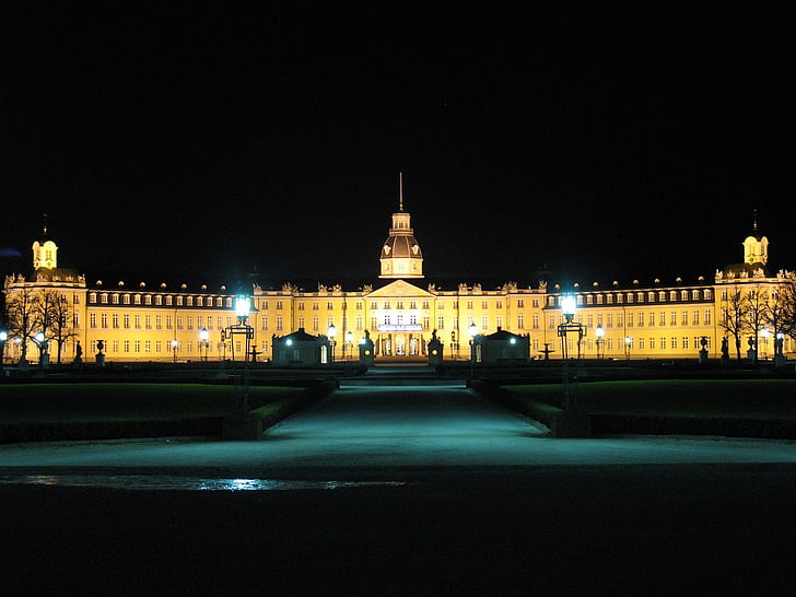 karlsruhe palace, historic, architecture, building, tourism, landscape, night
