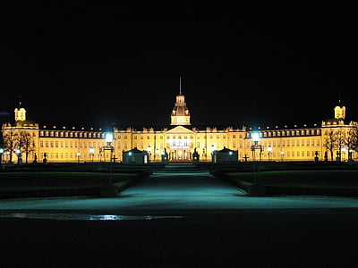 Karlsruhe-palota, történelmi, építészet, épület, turizmus, táj, éjszaka