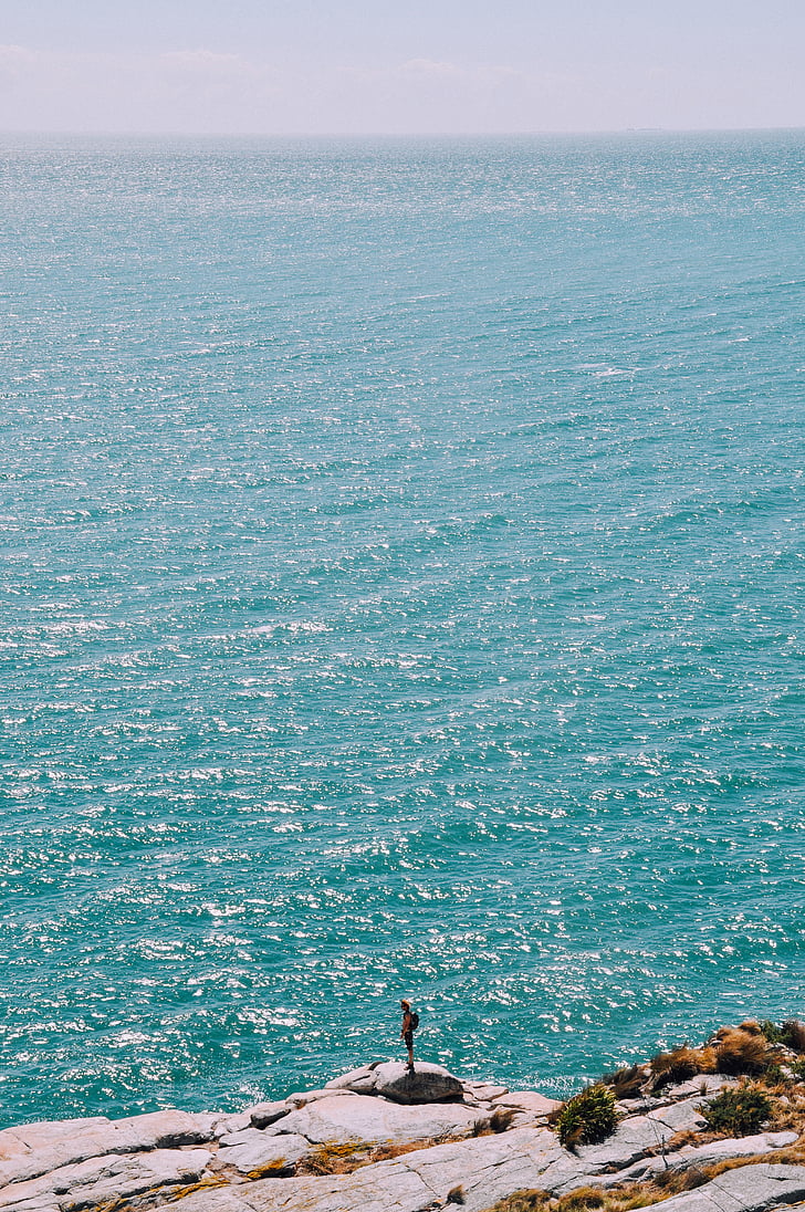 foto, vīrietis, okeāns, jūra, krasts, akmeņi, saules