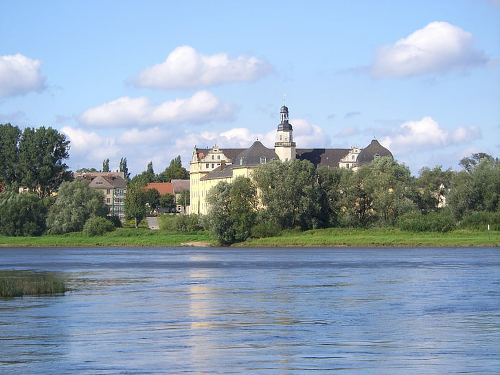 Coswig, Elbe, lautta, Castle, River, arkkitehtuuri