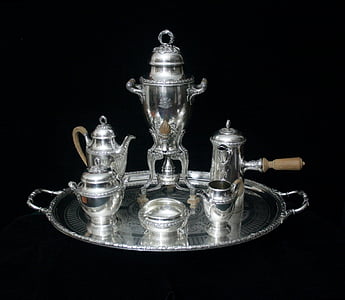 Sterling silver te-set, Sterling silver kandelaber, Vintage toalettbord, Cup