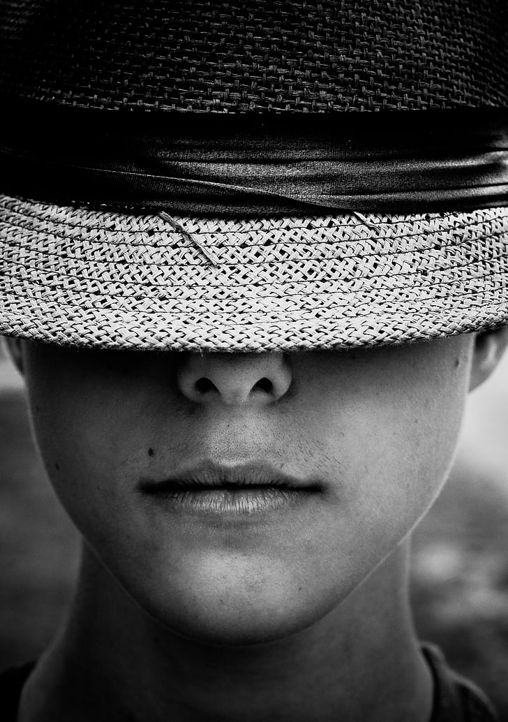 greyscale, photography, person, wearing, hat, covering, eyes