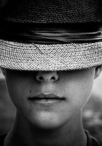stupně šedi, Fotografie, osoba, na sobě, klobouk, Krycí, oči