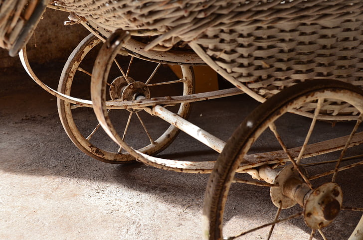 lėlės, vežimėliai, senas, derlius, antikvariniai, rato, ratai, krepšys