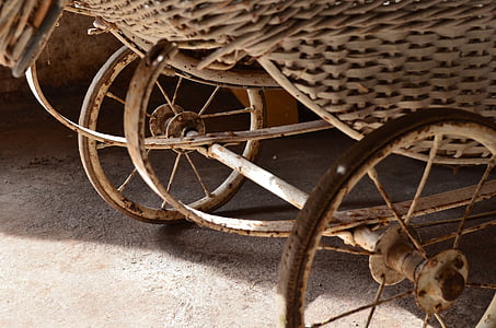 인형 유모차, 오래 된, 빈티지, 골동품, 휠, 바퀴, 바구니